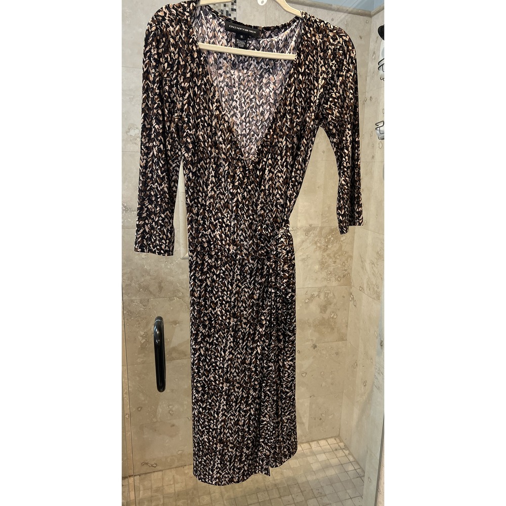 Jones New York Brown Abstract Print Long Sleeve Jersey Wrap Dress Size 10